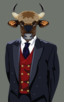 Portrait of bull in the men's business suit and hat
