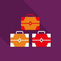 Set of wooden chests. Open empty chest, full of gold chest and closed with lock chest. Vector illustration of cartoon treasure chests.