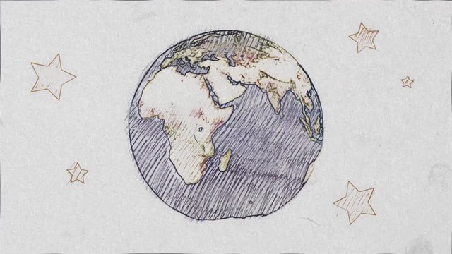 cartoon pen drawn planet earth globe spin on white old paper background seamless endless loop animation - new quality unique handmade retro vintage stop motion dynamic joyful video footage