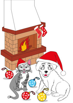 Buon Natale cane e gatto con caminetto