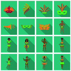 Set of Brazilian samba dancers and carnival masks . Vector carnival girls wearing a festival costume is dancing.
