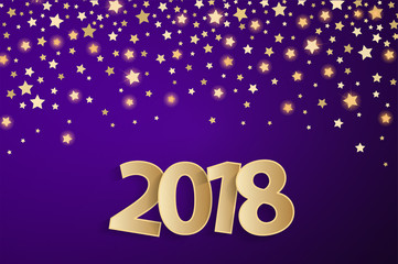 Violet Happy New Year 2018 greeting card concept with golden paper cuted white numbers. Vector illustration