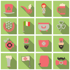 Set of Irish symbols St. Patrick day icons with shadow. Flet icons © gorovits
