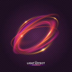 Colorful ring with luminous swirling spirals. Glowing red-pink abstraction on dark transparent background. Brilliant vortex, sparkles waves and swirl. Sparkling neon light effect, shiny magic effects