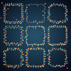 Set of 9 color square garland lights. Glowing christmas lights on dark blue background. Vector seamless square objects. Includes 10 vector brushes festive strands of Christmas lights