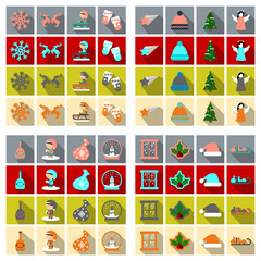 Set of flat New Year and christmas icon with dark shadow