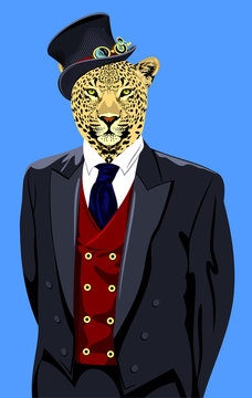 Portrait of Leopard in the men's business suit and hat