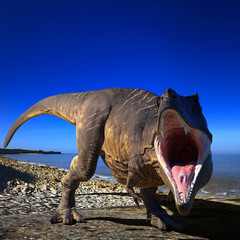 t rex on the beach ready to deffend him self