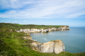 High chalk cliffs, Flamborough Head, Yorkshire, UK, showing the promontory, the sea, and sea cliffs.