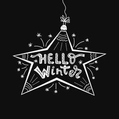 Hello winter, caligraphy design. Christmas card. Vector decorative star, ornament.