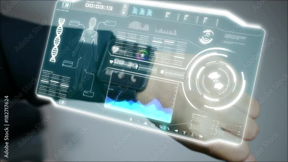Poster 4k business woman using smart watch with user interface hud and graph bar pi for cyber futuristic te