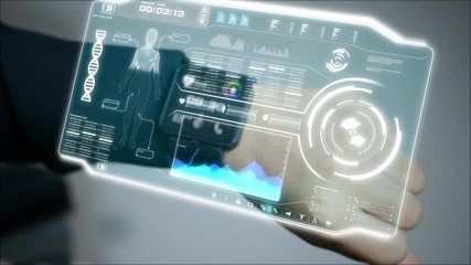 4K Business woman using smart watch with user interface HUD and graph bar pi for Cyber futuristic technology concept - Powered by Adobe