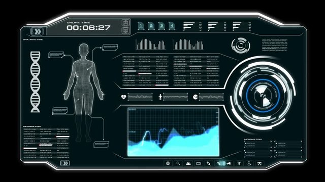 4K Animation UI User Interface with body scan data HUD pi bar text box table and element on dark abstract background for futuristic technology concept
