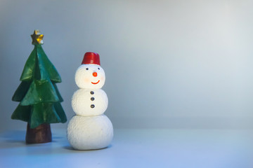 cute happy snowman, reindeer, gift box, Santa and pine trees doll,  Concept for Xmas season