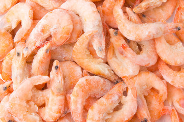 Frozen shrimps in ice. A lot of royal shrimp close-up.