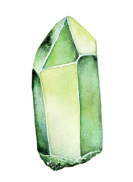 Watercolor Green Gemstone drawing. One single object. Long square, rectangle stick geometric shape. Bright, clean, clear, realistic. Hand painted water color illustration, isolated, white background.