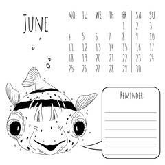 Calendar reminder with cute graphic fish in vector 2018