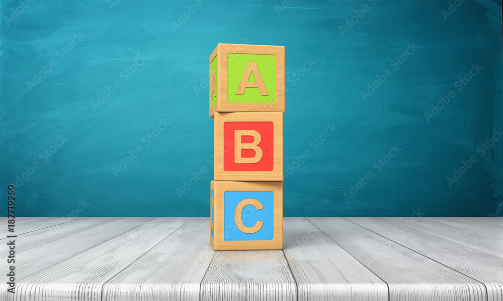 Poster 3d rendering of a three toy blocks standing on a wooden desk in one tower with letters a, b and c on