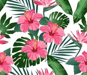 Tropical flowers and leaves on background. Seamless. Print Fashion. Vector.