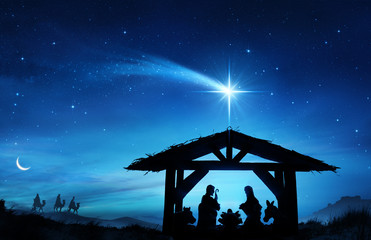 Fototapeta premium Nativity Scene With The Holy Family In Stable 