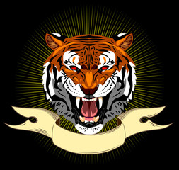 Portrait of a growling tiger on a banner background