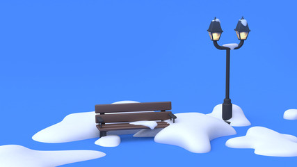 3d rendering cartoon style chair lamp light abstract nature parks winter concept snow
