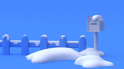 fence and mailbox cartoon style winter snow concept 3d rendering
