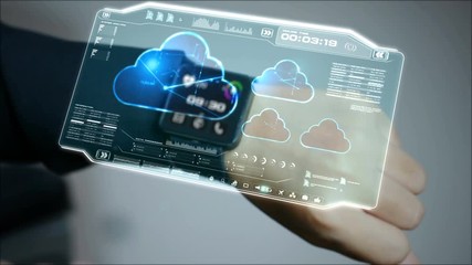 4K Business woman using smart watch with user interface HUD and graph bar pi for Cyber futuristic technology concept - Powered by Adobe