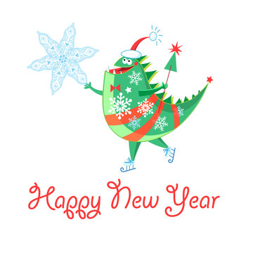 Winter card with a cheerful New Year dinosaur