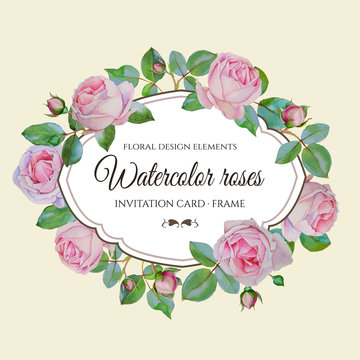 Vector floral frame with watercolor pink roses. Invitation card with wreath of hand drawn watercolor flowers