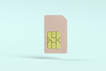 Pink sim card on mint pastel background. sweet communication concept
