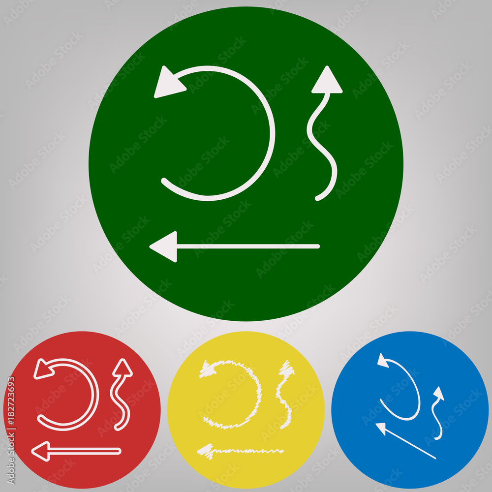 Poster simple set to interface arrows. vector. 4 white styles of icon at 4 colored circles on light gray ba