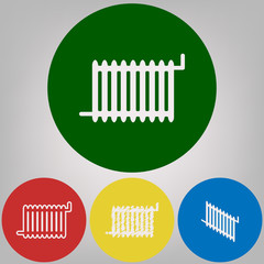 Radiator sign. Vector. 4 white styles of icon at 4 colored circles on light gray background.