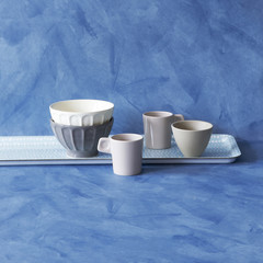 blue background glass and tray style