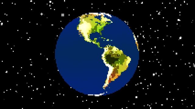 vintage 8 bit game pixel drawn planet earth globe spin seamless endless loop animation with stars - new quality unique handmade retro stop motion dynamic joyful video footage