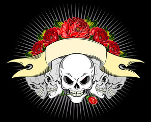 Human skull with banner and roses
