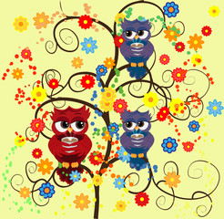 Bright cute cartoon owls sit on the flowering branches of fantastic trees