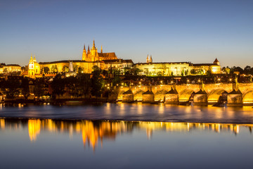 Prague castle and the Charles bridge at dusk