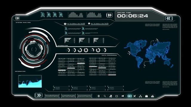 4K Animation UI User Interface with world map data HUD pi bar text box table and element on dark abstract background for futuristic technology concept