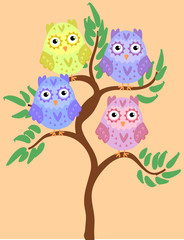Bright cute cartoon owls sit on the flowering branches of fantastic trees