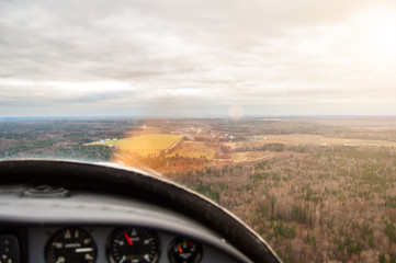 The plane flies in the sky, the view from the cockpit.