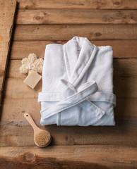white bathrobe bath soap and loofah brush style - obrazy, fototapety, plakaty
