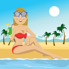 Obraz na płótnie Canvas Young bikini woman with cocktail sitting on tropical beach