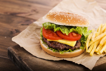 Burger (hamburger) with french fries