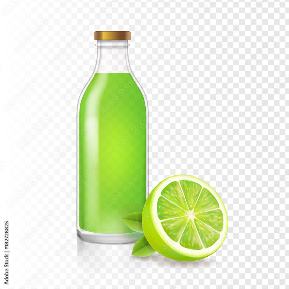 Wall mural fresh lime juice in bottle with lime slice. vector realistic