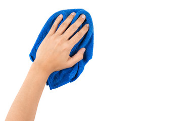 Hand and blue rag cleaning wall