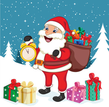 Christmas card with Santa Claus who holding clock