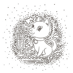 Golden dog with the champagne or lemonade and a cake. New Year symbol of 2018.