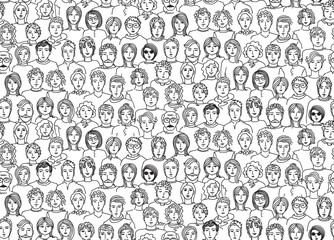 Seamless pattern, in the form of contour different faces of men and women. Vector background.