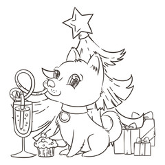 Golden dog with the champagne or lemonade and a cake. New Year symbol of 2018.